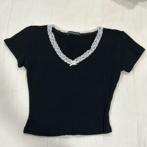(OS) Brandy Melville Black Waffle Knit Shirt with White Lace Detail Trim